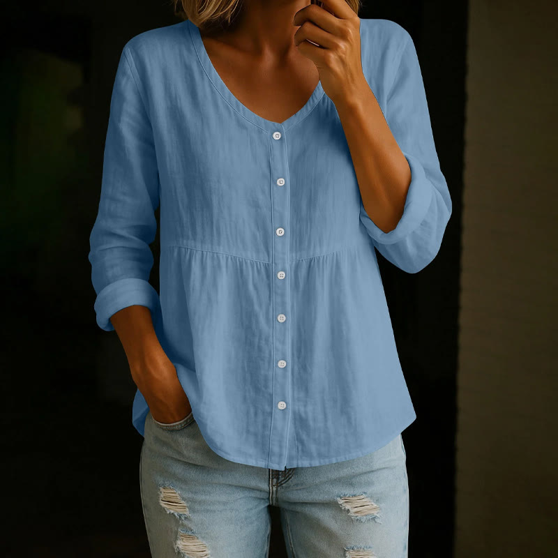 Cozy Solid Button V-neck A-line Long Sleeve Blouse - Light Blue - 4XL - image 6