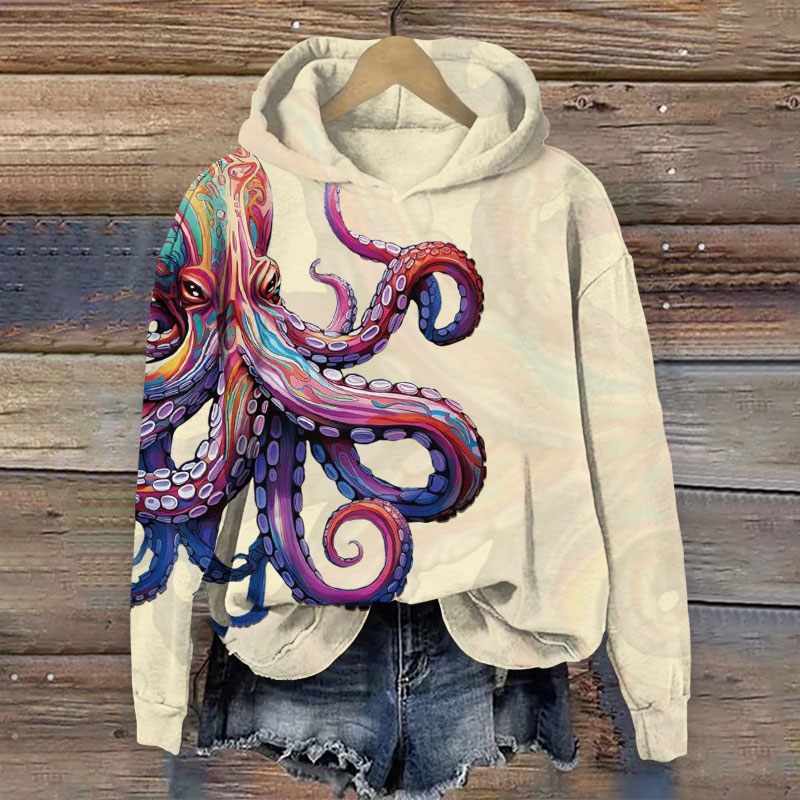 Retro Colorful Striped Octopus Art Print Long Sleeve Hoodie - Apricot - US44-46(8XL) - image 4