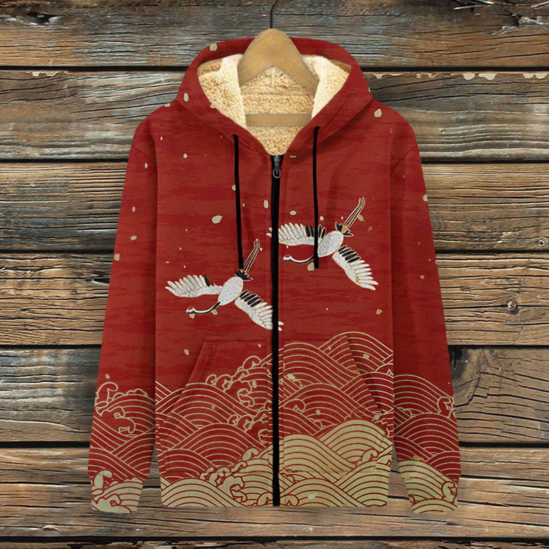 Japanese Art Waves Print Fleece Jacket - Red - 4XL - image 1