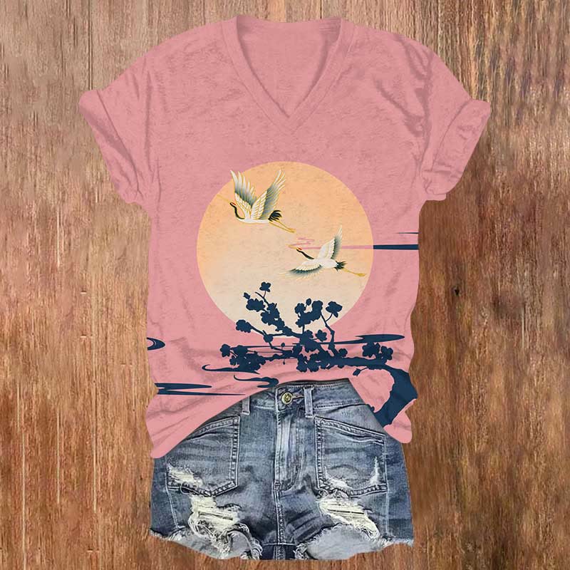 Japanese Sun Crane & Plum Blossom Art  Print V-neck T-shirt - Pink - US32-34(5XL) - image 4