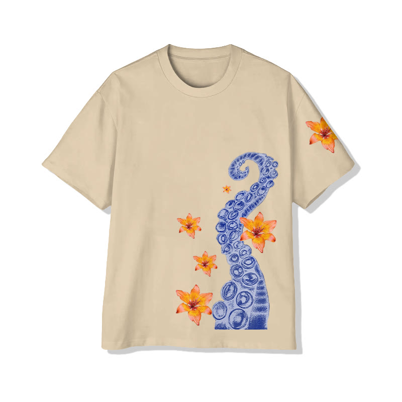 Unisex Japanese Sketch Style Octopus And Floral Art Pattern Cotton  Print T-shirt - Apricot - US20-22(3XL) - image 4