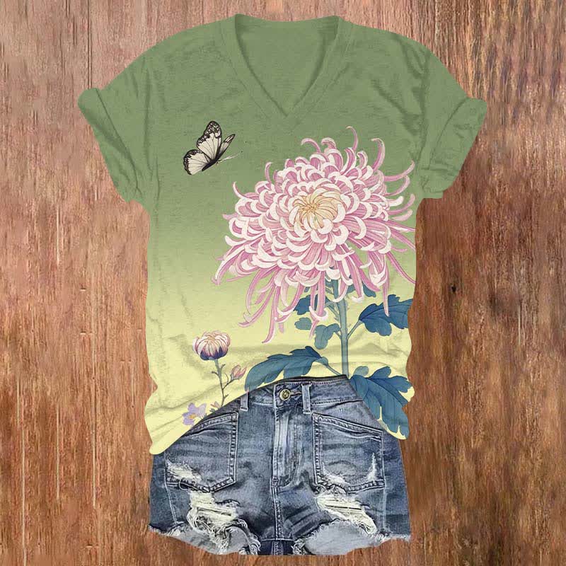 Japanese Vivid Pink Chrysanthemum Art Print V-neck T-shirt - Green - US32-34(5XL) - image 2