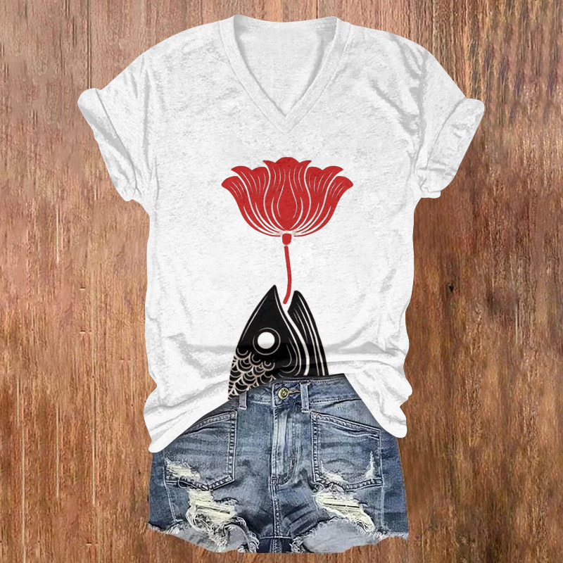 Simple Japanese-style Fish Head And Flowers Printed Short Sleeved V-neck T-shirt - Light Gray - US32-34(5XL) - image 1