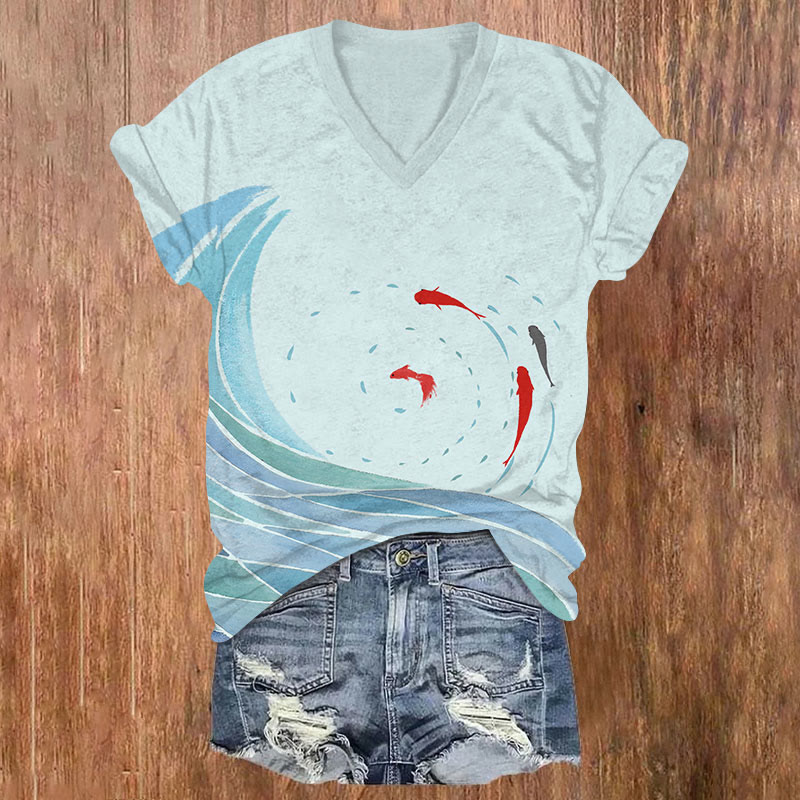 Vintage Ocean Wave Goldfish Circle Art T-shirt - Blue - US32-34(5XL) - image 2