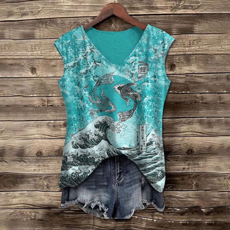 Japanese Koi Wave Print V-neck Tank Top - Green - 5XL - image 5