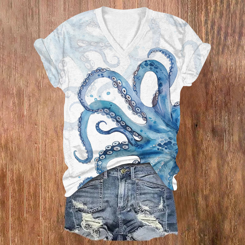 Watercolor Octopus Tentacles Art Print Short Sleeved V-neck T-shirt - White - US32-34(5XL) - image 3