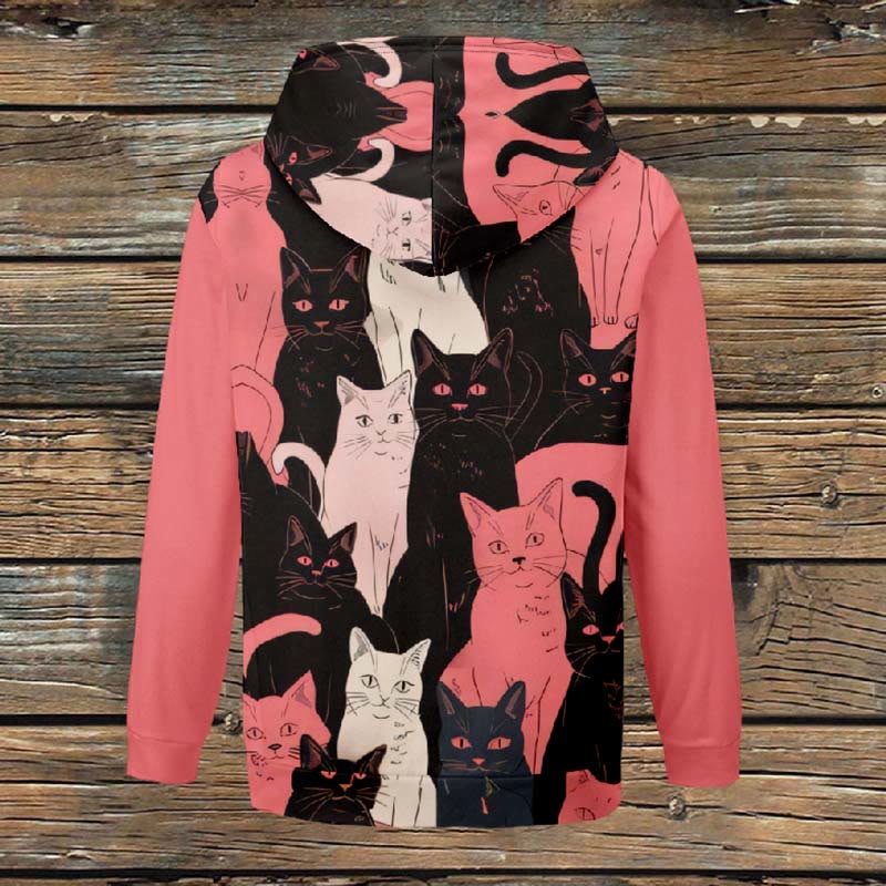 Women's Japanese Funny Black ＆ White Cats Print Fleece Jacket - image 3