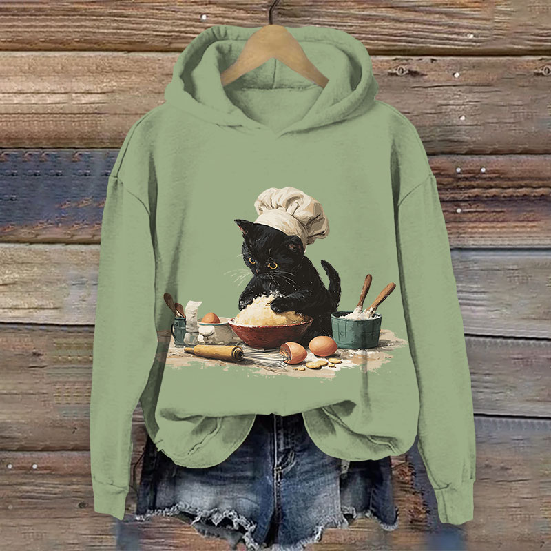 Creative Chef Cat Kneading Dough Art Print Long Sleeve Hoodie - Green - US44-46(8XL) - image 2