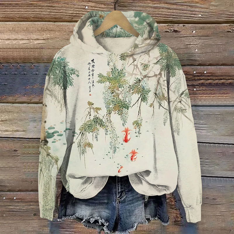 Vintage Japanese Koi Art Print Long Sleeve Hoodie - Apricot - 8XL - image 1
