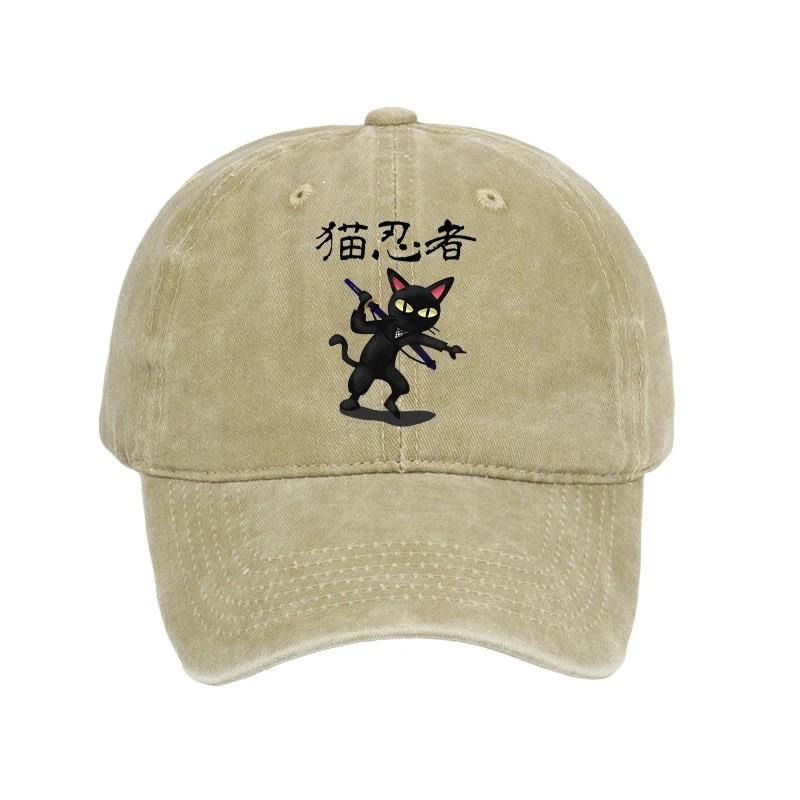 Unisex 100% Cotton Ninja Cat Vintage Print Cap - Khaki - one size - image 2