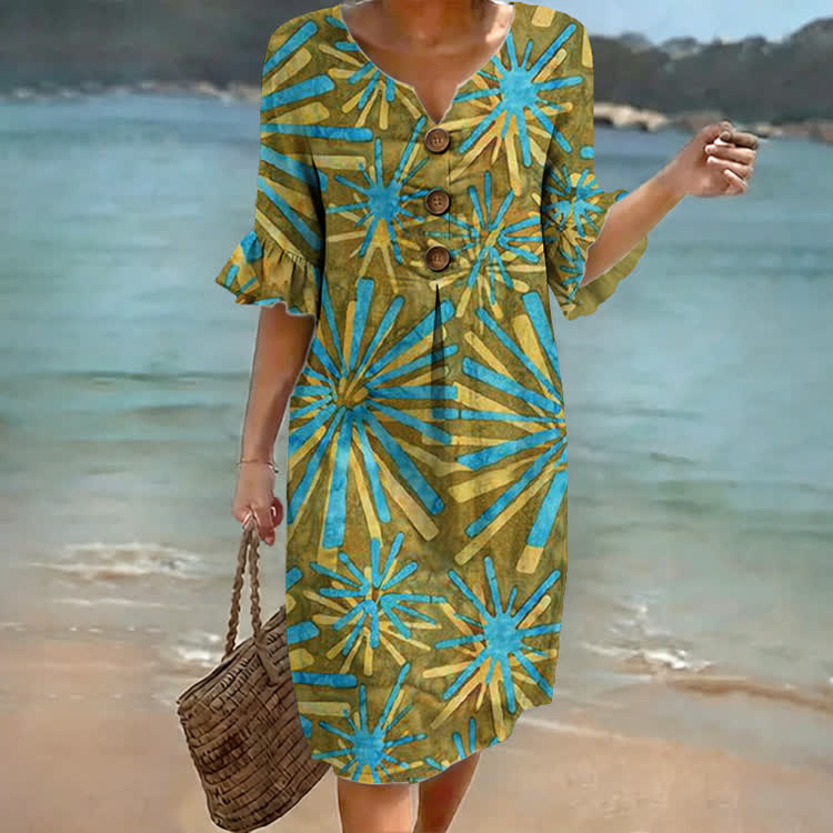 Boho Blue Starburst Print Notched Collar Button Ruffled Half Midi Dress - Green - 4XL - image 3