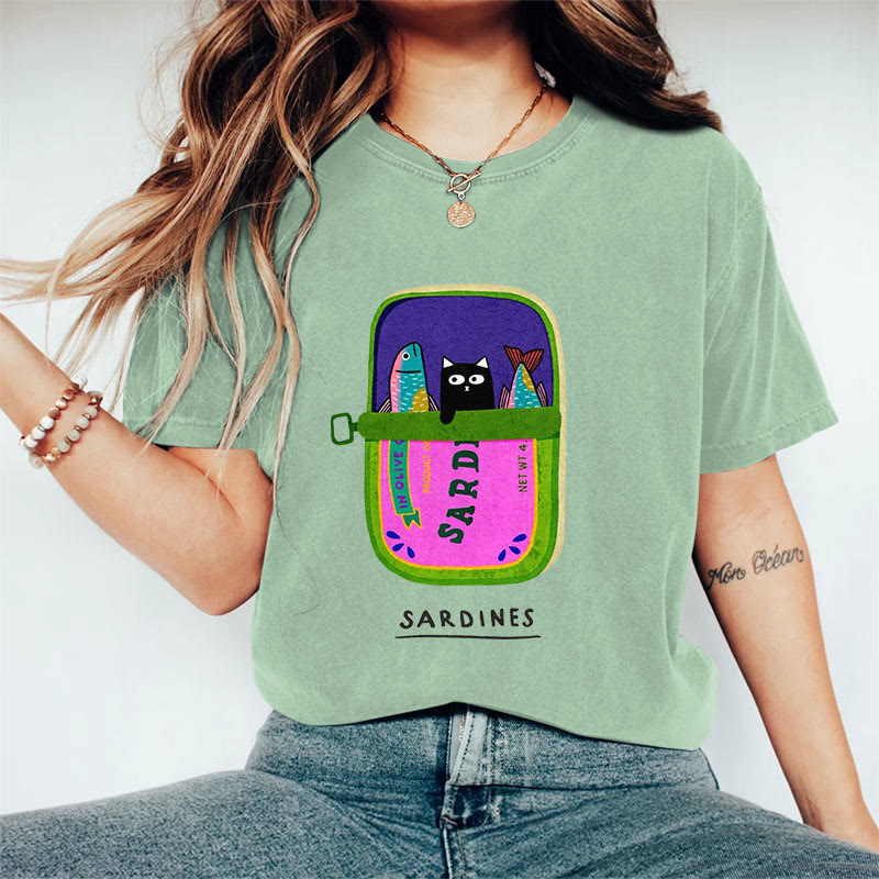 100% Cotton Women's Lovely Black Cat & Sardines Art Print Casual T-shirt - Green - 2XL - image 6