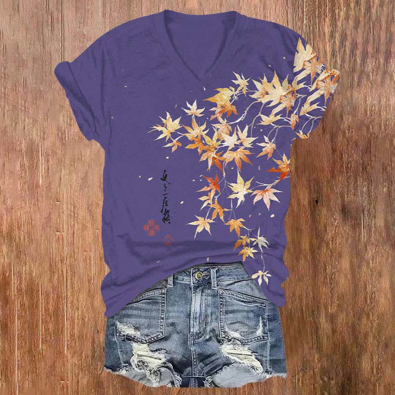 Japanese Watercolor Maple Leaf In Fall Art Print V-neck T-shirt - Purple - US32-34(5XL) - image 4