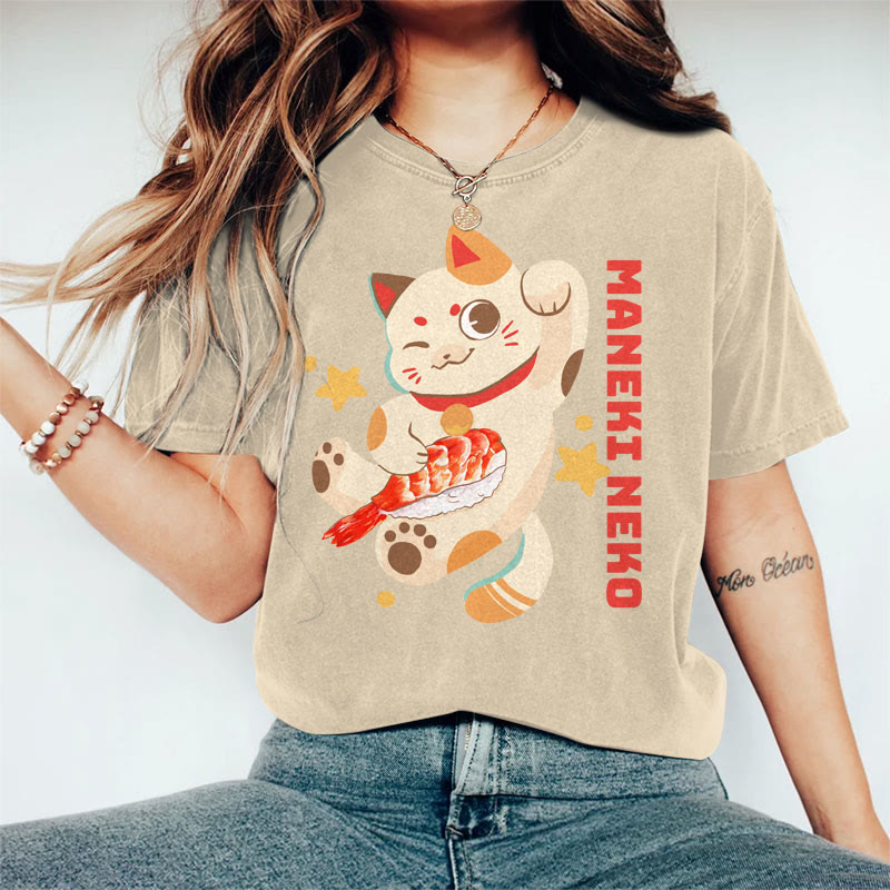 100% Cotton Women's Japanese Lucky Cat Holding Sushi Art Print Casual T-shirt - Khaki - 2XL - image 5