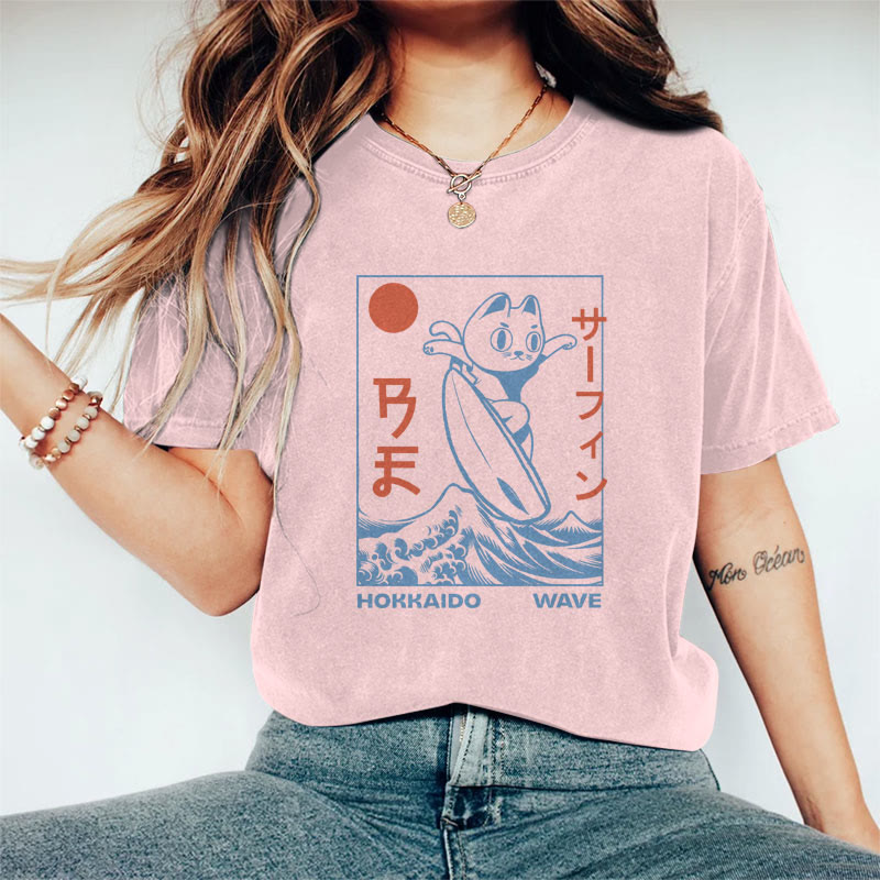 100% Cotton Women's Japanese Surfing Cat Art Print Casual T-shirt - Pink - 2XL - image 3