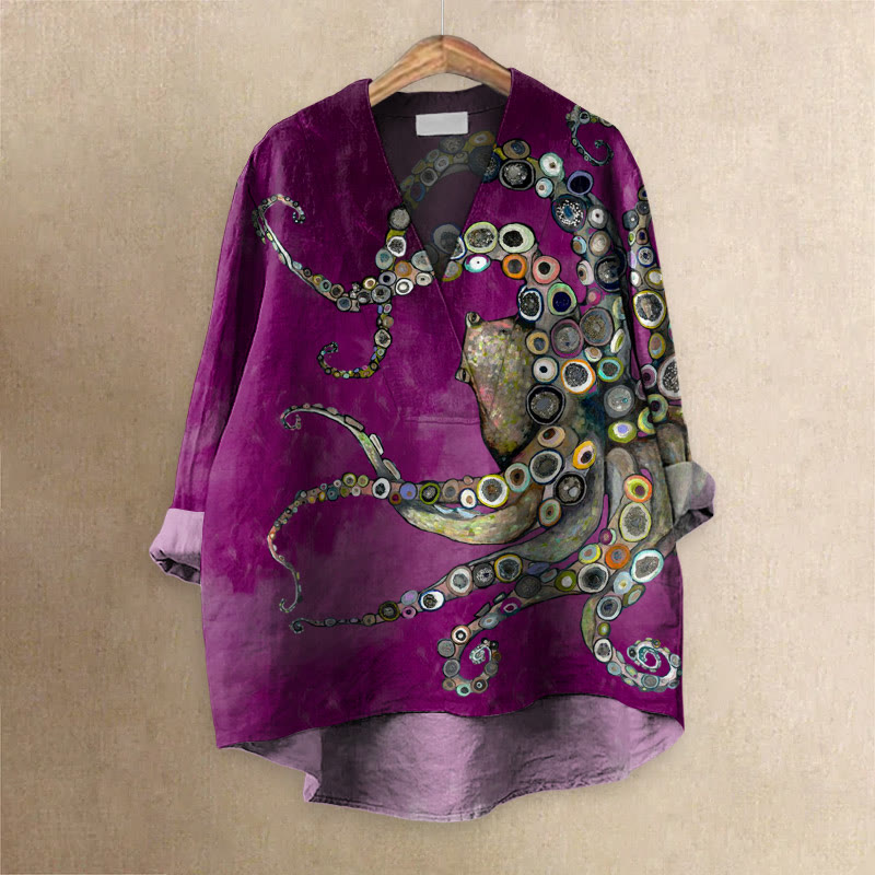 Colorful Octopus Oil Painting Print Casual V-neck Blouse - Purple - 6XL - image 5
