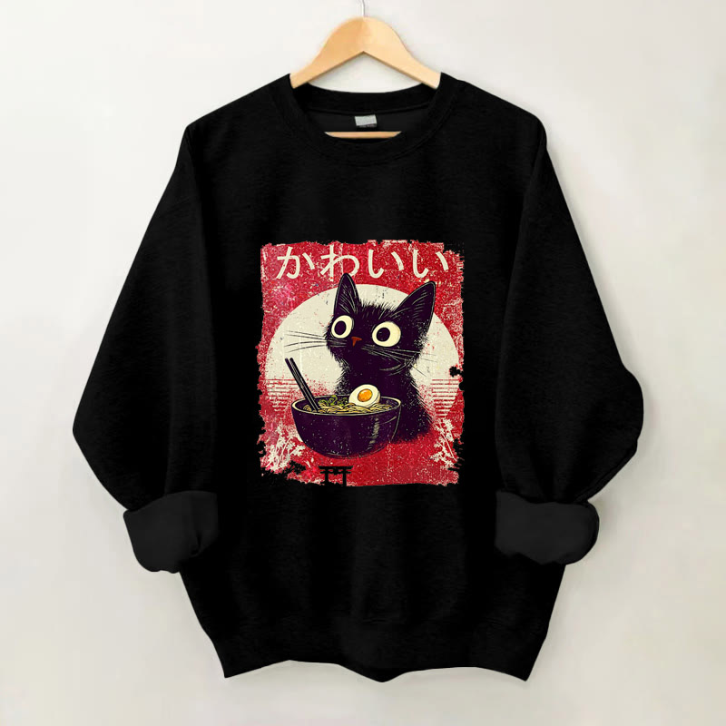 100% Cotton Japanese Cute Cat And Ramen Print Crew Neck Sweatshirt - Black - 2XL - image 3