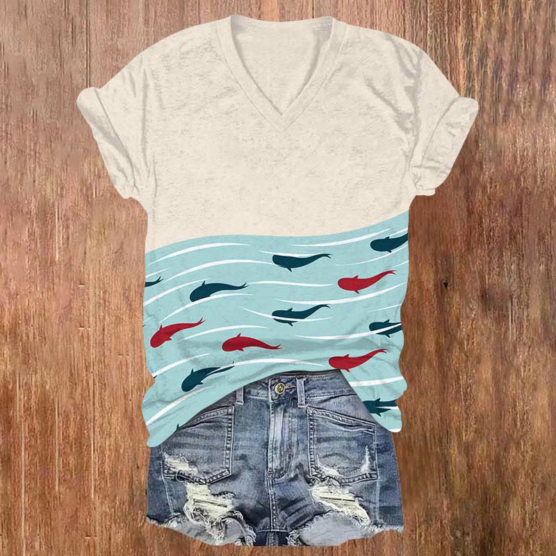 Vintage Simple Goldfish In River Art Print V-neck T-shirt - Green - US32-34(5XL) - image 2