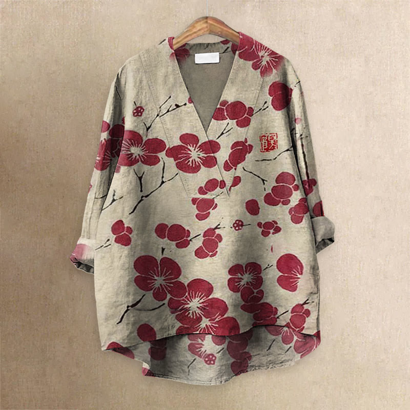 Cherry Blossom Japanese Lino Art Vintage Printed Casual V-neck Blouse - Rose - 6XL - image 3