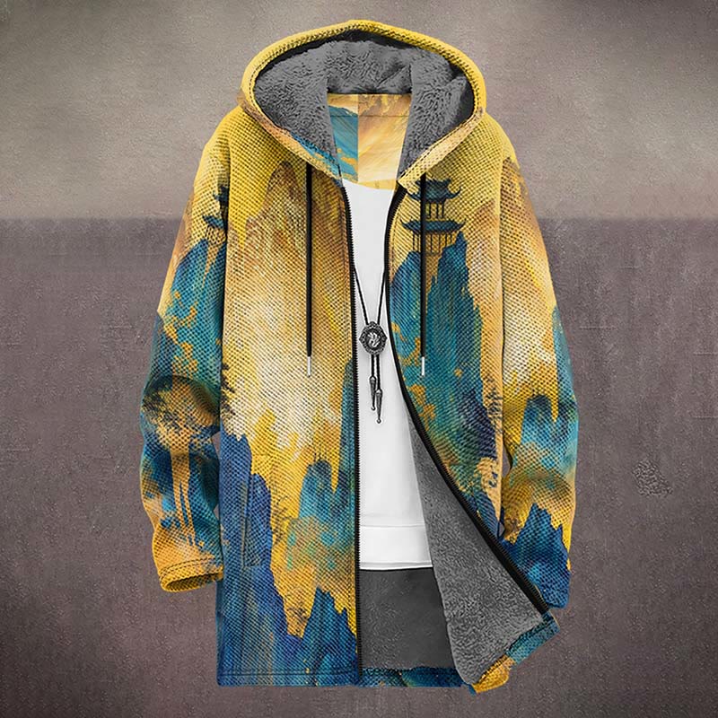 Retro Abstract Mountain And Kiosk Print Unisex Plush Thick Long-sleeved Fleece Jacket Coat - image 2
