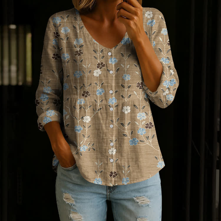 Bohemian Floral Pattern Print Button V-Neck A-line Long Sleeve Blouse - image 3