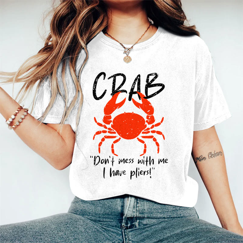 100% Cotton Women's Funny Crab Slogan Art Print Casual T-shirt - White - 2XL - image 3