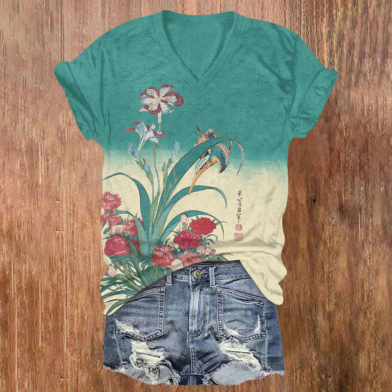 Colorblock Floral With Bird Print V-neck T-shirt - Green - US32-34(5XL) - image 3