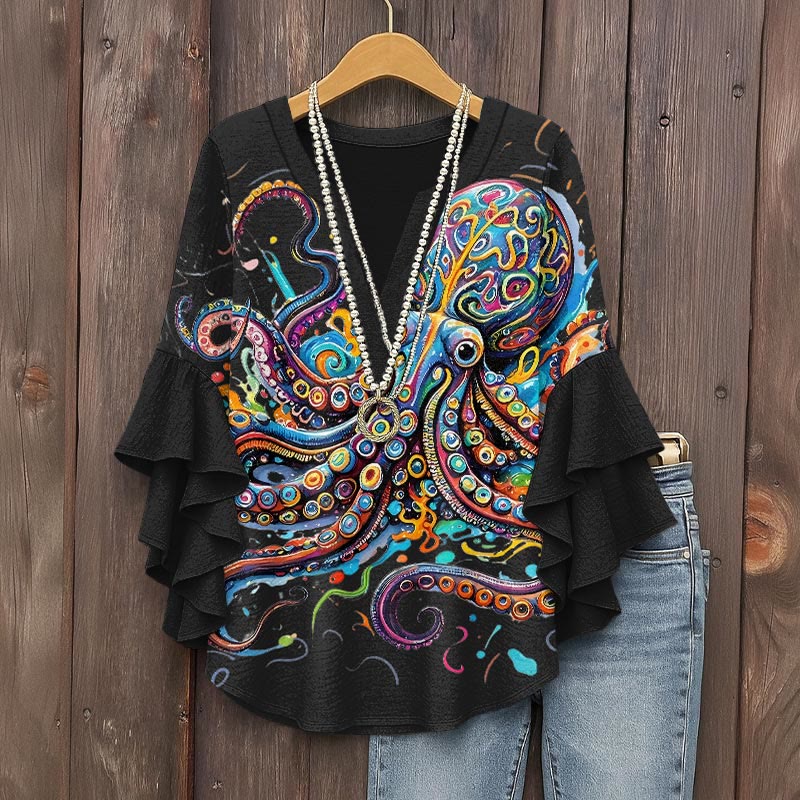 Vintage Rainbow Octopus Art Print V-neck Half Sleeve Blouse - Black - 5XL - image 4
