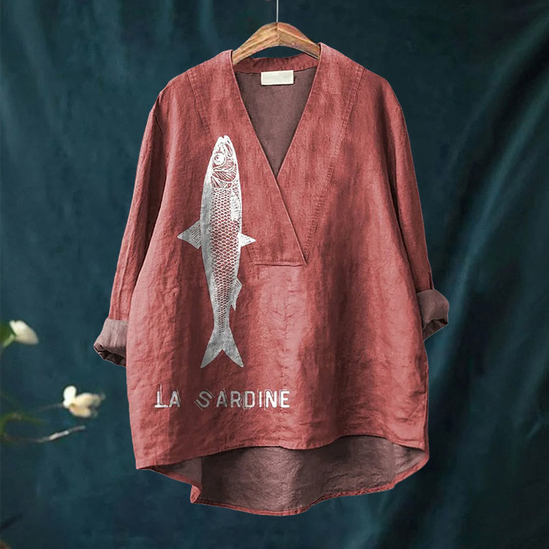 Dashingsoul Sardine Fish Graphic Printed Casual V-neck Shirt