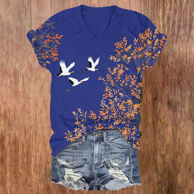 Japanese White Crane Flying Across Maple Tree Print V-neck T-shirt - Blue - US32-34(5XL) - image 4