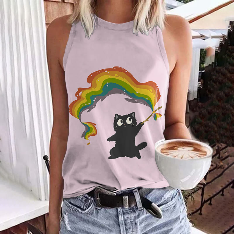 Lovely Black Cat Holding Rainbow Flag Print Crew Neck Tank Top - Light Pink - 5XL - image 5