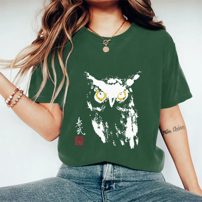 100% Cotton Women's Owl Art Print Casual T-Shirt - Green - 2XL - image 5