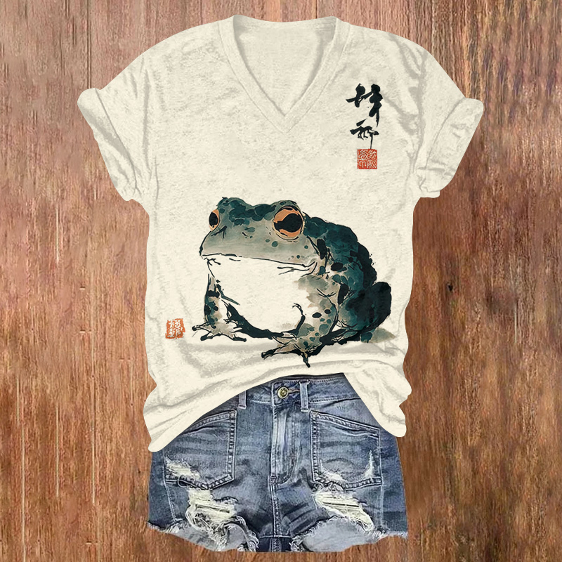 Japanese Ink Frog Print Short Sleeved V-neck T-shirt - Apricot - US32-34(5XL) - image 1