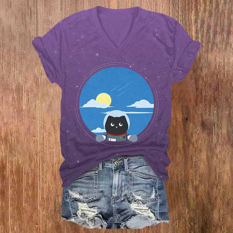 Curious Astronaut Cat Watching The Sky Print V-neck T-shirt - Light Purple - US32-34(5XL) - image 2