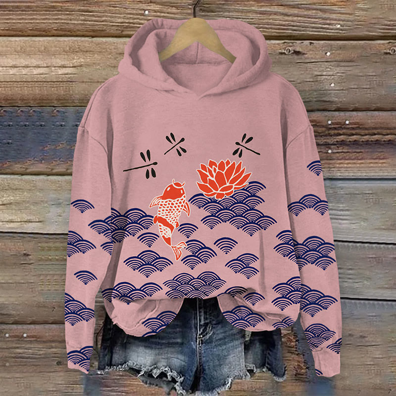 Japanese Style Koi Fish Dragonfly Wave Art Print Casual Long Sleeve Hoodie - Pink - 8XL - image 5