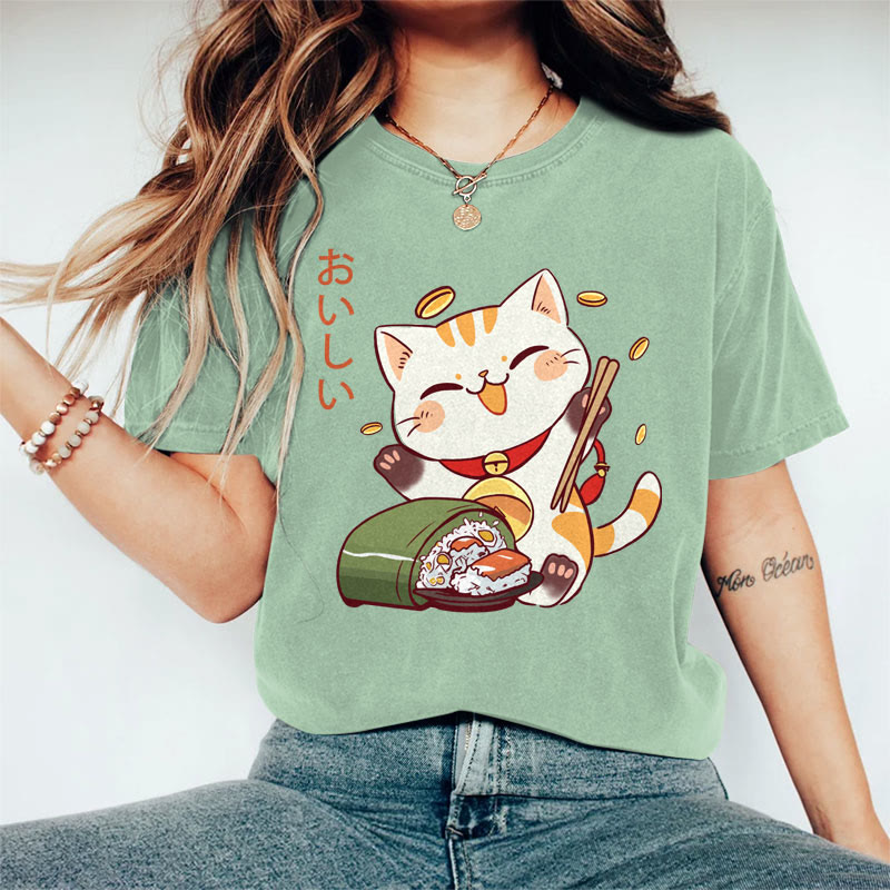 100% Cotton Women's Japanese Lucky Cat Eating Sushi Art Print Casual T-shirt - Green - 2XL - image 3