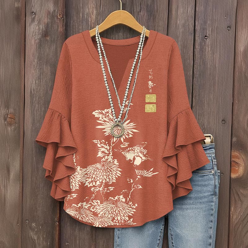 Vintage Chrysanthemum Print V-neck Half Sleeve Blouse - Orange - 5XL - image 6