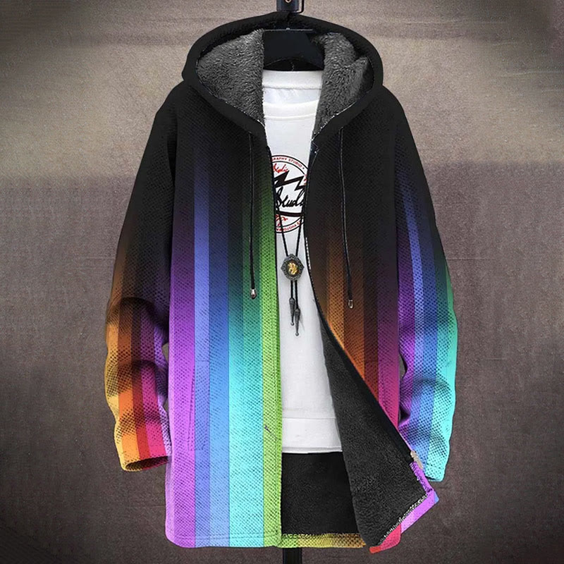Gradient Rainbow Stripes Print Unisex Plush Thick Long-sleeved Fleece Jacket Coat - image 2