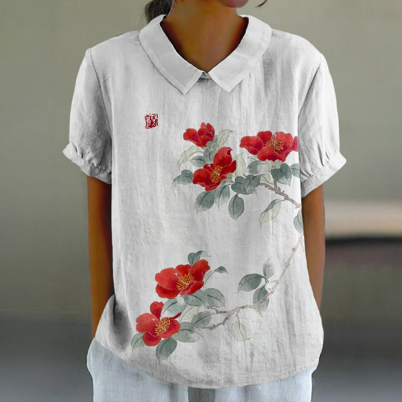 Vintage Red Camellia Art Print Casual Lapel Loose Blouse - Light Gray - 6XL - image 1