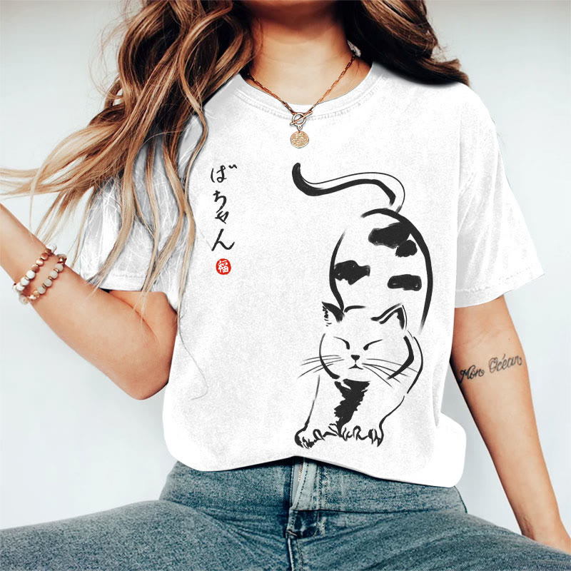 100% Cotton Women's Japanese Stretching Cat Art Print Casual T-shirt - White - 2XL - image 3