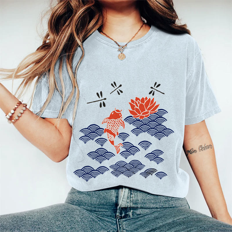 100% Cotton Women's Japanese Style Koi Fish Dragonfly Wave Art Print Casual T-shirt - Blue - 2XL - image 3