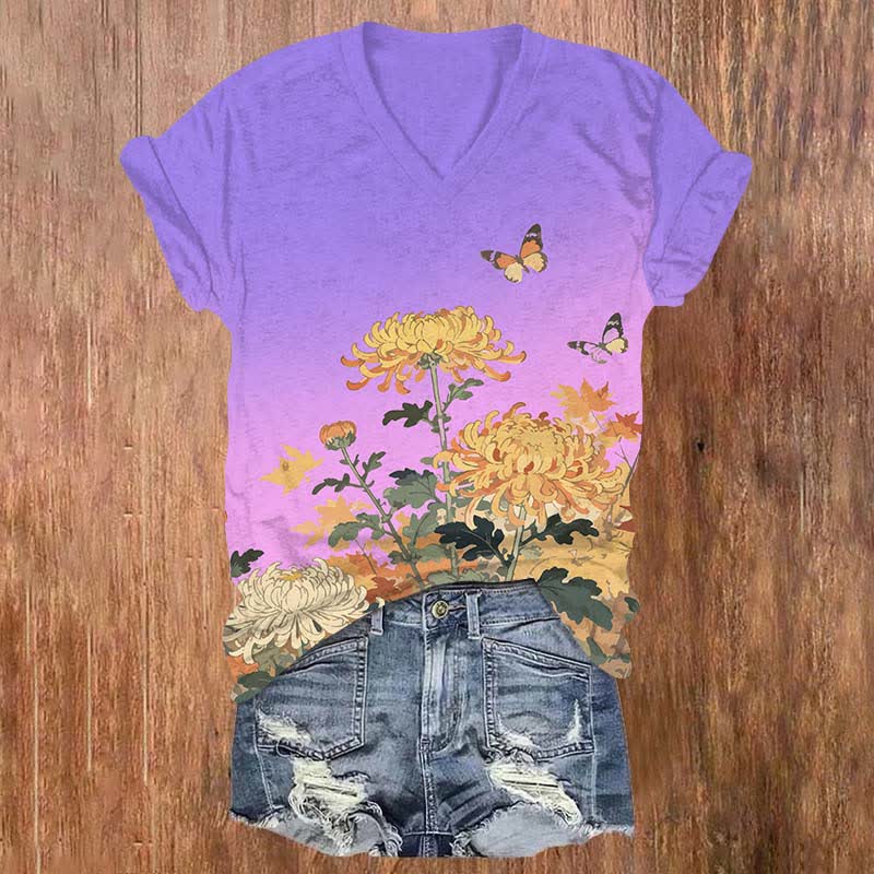 Japanese Lovely Chrysanthemum & Butterfly Art Print V-neck T-shirt - Purple - US32-34(5XL) - image 3