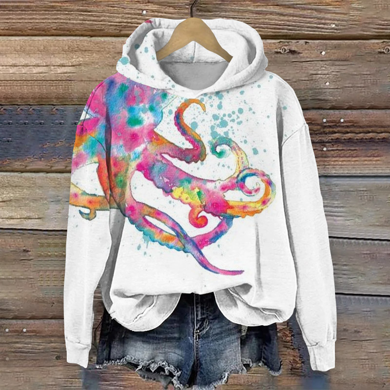 Color Splash Ink Octopus Print Long Sleeve Hoodie - White - 8XL - image 1