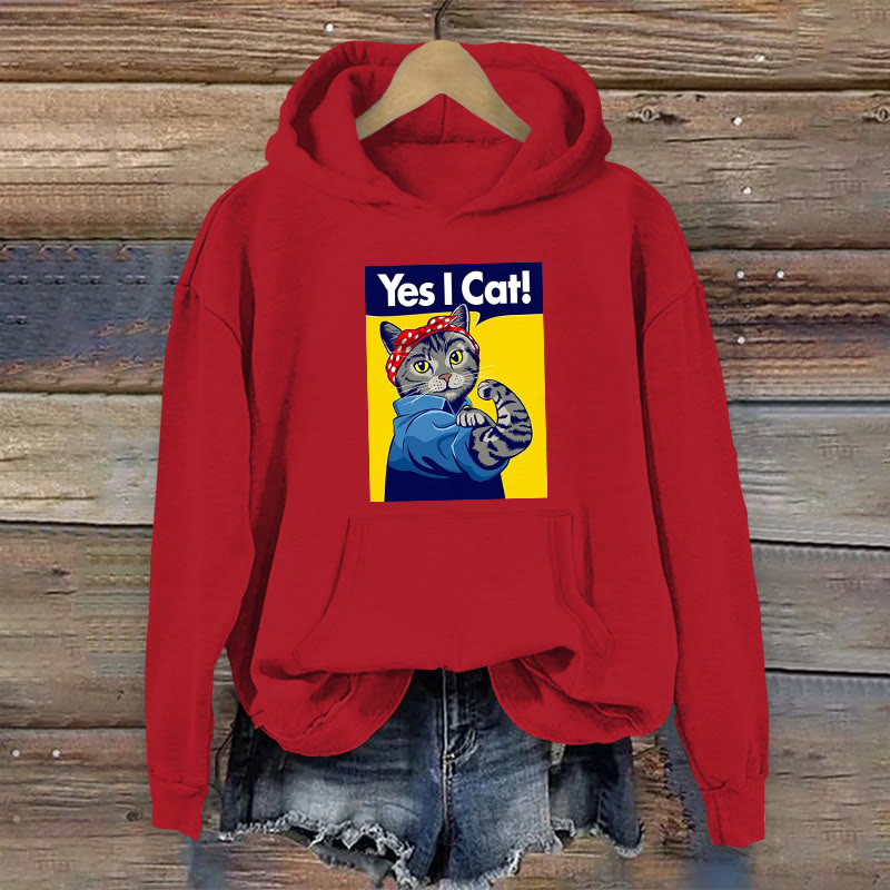 100% Cotton Funny Yes I Cat Print Women's Hoodie - Red - 2XL - image 3