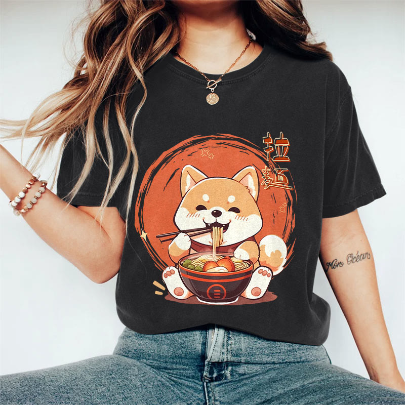 100% Cotton Women's Japanese Cat Eating Ramen Art Print Casual T-shirt - Black - 2XL - image 2