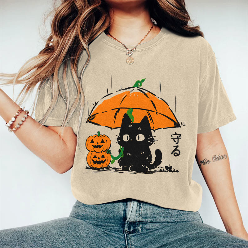 100% Cotton Women's Halloween Black Cat Holding Pumpkin Umbrella Art Print Casual T-shirt - Khaki - 2XL - image 4