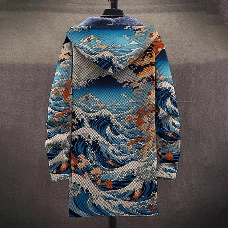 Classic Ukiyo-e Paintings Waves Print Unisex Plush Thick Long-sleeved Fleece Jacket Coat - image 4