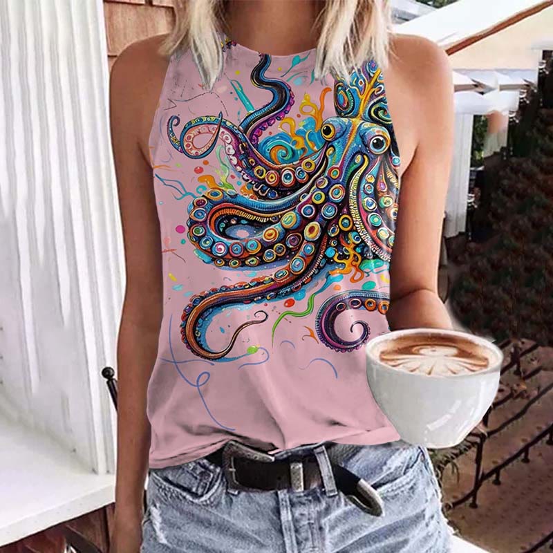 Vintage Rainbow Octopus Art Print Crew Neck Tank Top - Pink - 5XL - image 3