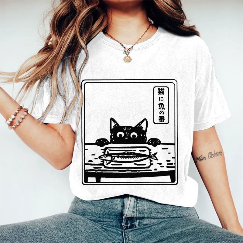 100% Cotton Women's  Japanese Ink Watercolor Cat & Fish Art Print Casual T-shirt - White - 2XL - image 3