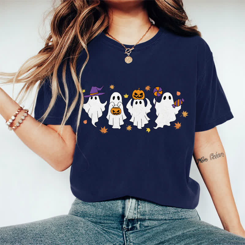100% Cotton Halloween Dancing Ghost Art Print T-shirt - Dark Blue - 2XL - image 4